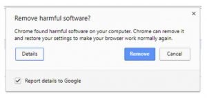 A screenshot of the Chrome pop-up that appears if Chrome Cleanup Tool detects malware on your Windows computer.