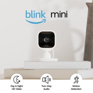 Blink Mini – Compact indoor plug-in smart security camera, 1080p HD video, night vision, motion detection, two-way audio, easy set up, Works with Alexa – 1 camera