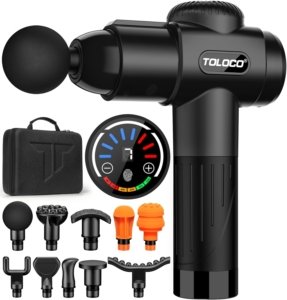 TOLOCO Massage Gun Deep Tissue, Back Massage Gun for Athletes for Pain Relief, Percussion Massager with 10 Massages Heads & Silent Brushless Motor