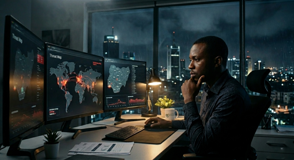 A developer in Lagos reviewing a security dashboard