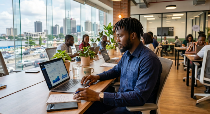 Young Nigerian entrepreneur reviewing funding charts on MacBook in Lagos co-working space, city skyline visible through windows