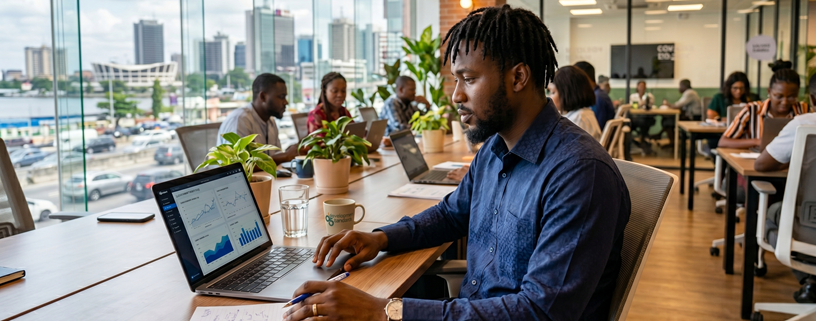 Young Nigerian entrepreneur reviewing funding charts on MacBook in Lagos co-working space, city skyline visible through windows