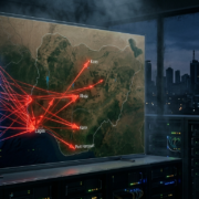 Glowing neural network transforming into cyberattack vectors targeting a map of Nigeria, dark server room background