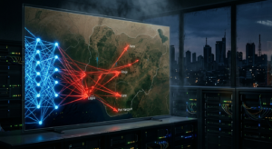 Glowing neural network transforming into cyberattack vectors targeting a map of Nigeria, dark server room background