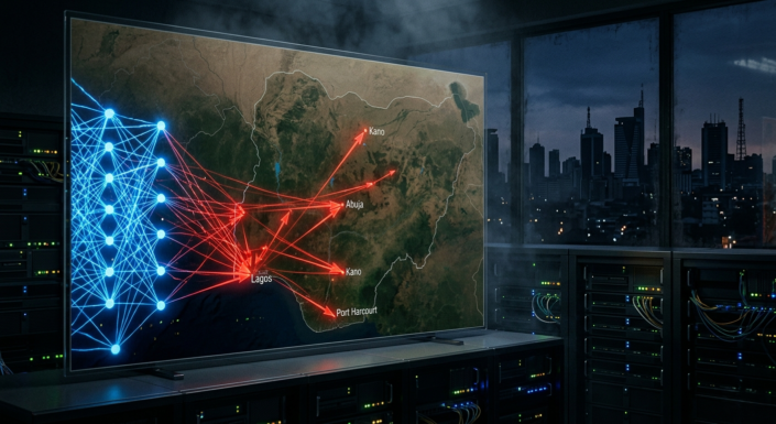 Glowing neural network transforming into cyberattack vectors targeting a map of Nigeria, dark server room background