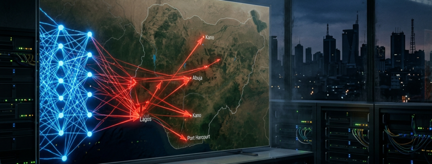 Glowing neural network transforming into cyberattack vectors targeting a map of Nigeria, dark server room background
