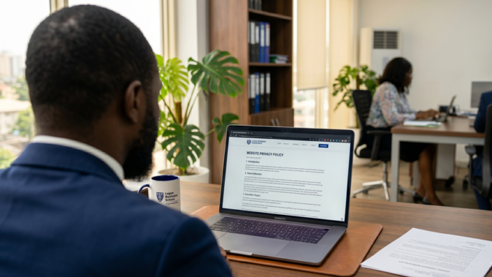 Nigerian business professional signing a compliance document beside a laptop showing a privacy policy page in a bright office