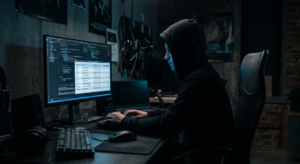 Hooded figure in dark room illuminated by monitor showing blurred Nigerian database rows, blue light, cinematic atmosphere