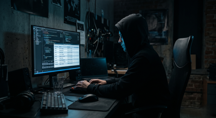 Hooded figure in dark room illuminated by monitor showing blurred Nigerian database rows, blue light, cinematic atmosphere