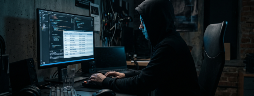 Hooded figure in dark room illuminated by monitor showing blurred Nigerian database rows, blue light, cinematic atmosphere