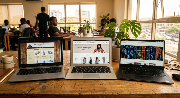 Three laptops on a Lagos office desk displaying a free template, a premium theme, and a custom-built DST website, side by side.