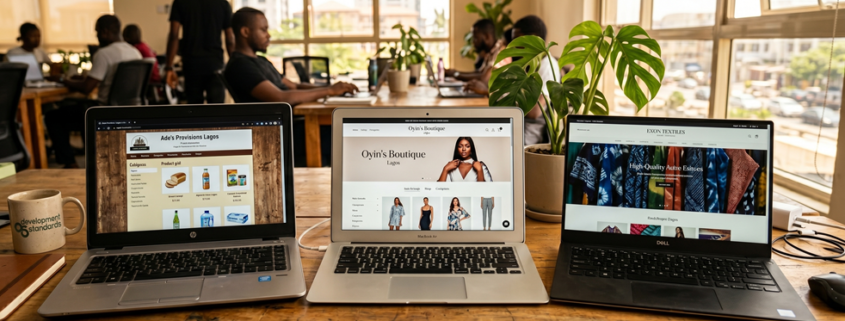 Three laptops on a Lagos office desk displaying a free template, a premium theme, and a custom-built DST website, side by side.