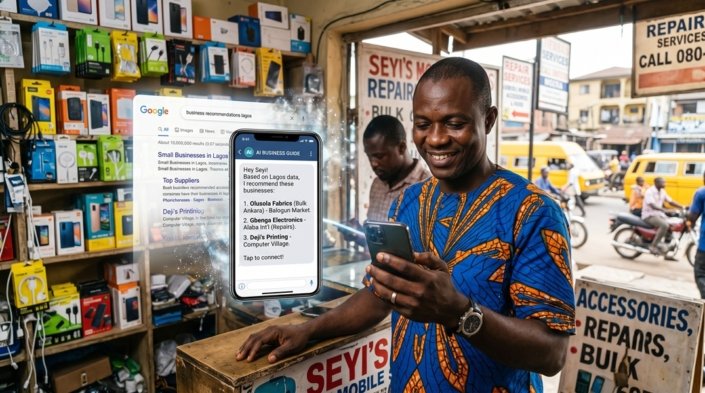 Featured image alt text Nigerian business owner reading an AI assistant answer on a phone instead of a search results page