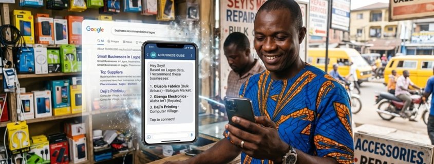 Featured image alt text Nigerian business owner reading an AI assistant answer on a phone instead of a search results page